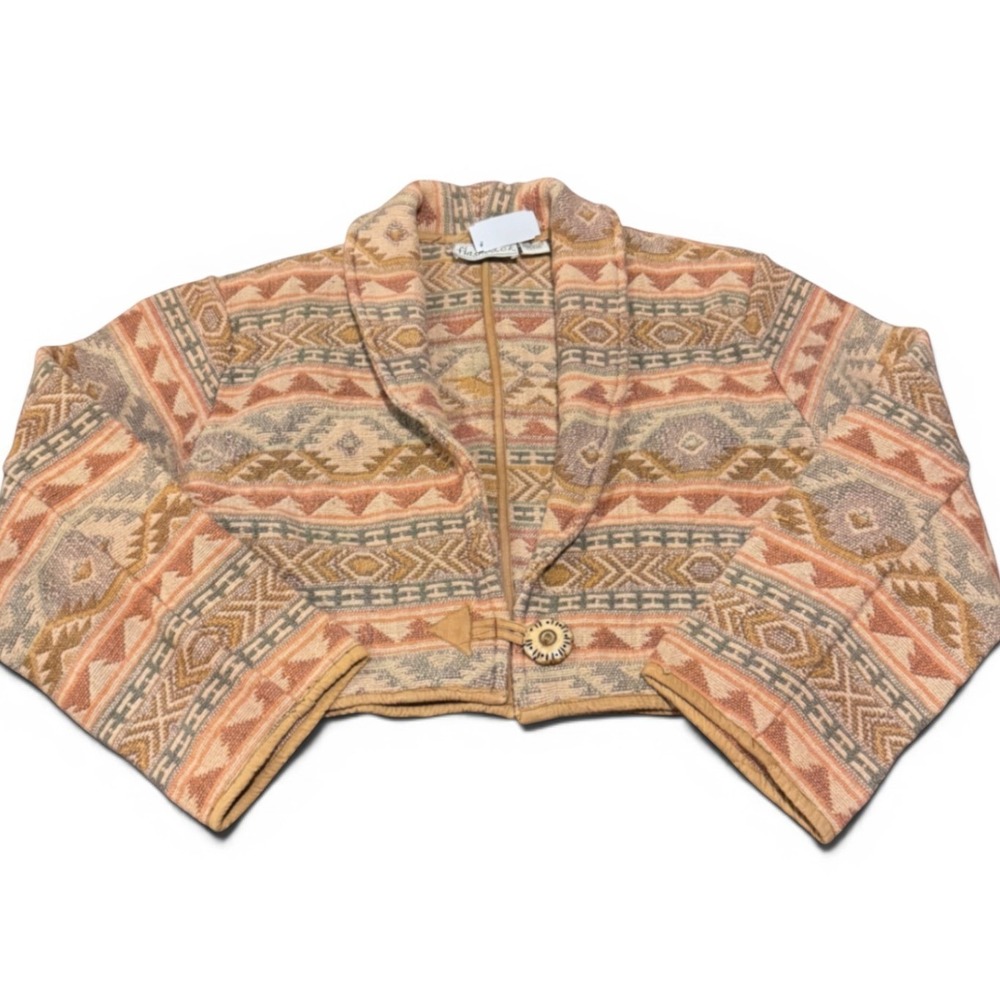 Vintage Southwestern Tapestry Cropped Jacket Shawl Collar Cotton Western Boho S